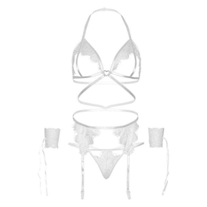 LEG AVENUE - CONJUNTO DE QUATRO PEAS SUTI, G-STRING, CINTO-LIGA E PUNHOS DE PULSO TAMANHO ÚNICO - BRANCO