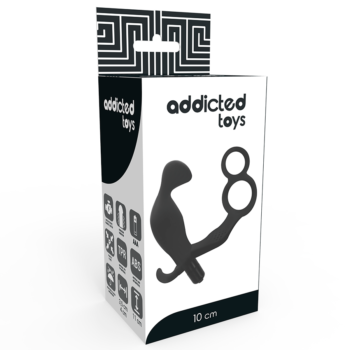 Addicted Toys - Anal Plug With Double Penis Ring And Testicles Black
