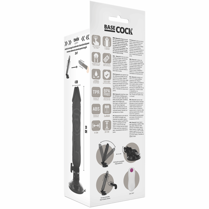 BASECOCK - VIBRADOR DE CONTROLE REMOTO REALÍSTICO PRETO 20 CM -O- 4 CM