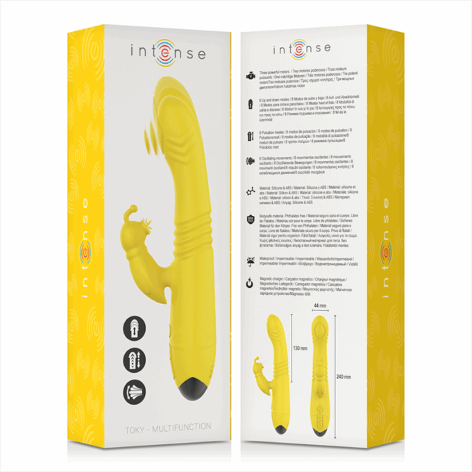 INTENSE - VIBRADOR MULTIFUNO TOKY PARA CIMA E PARA BAIXO COM ESTIMULADOR CLITÓRICO AMARELO