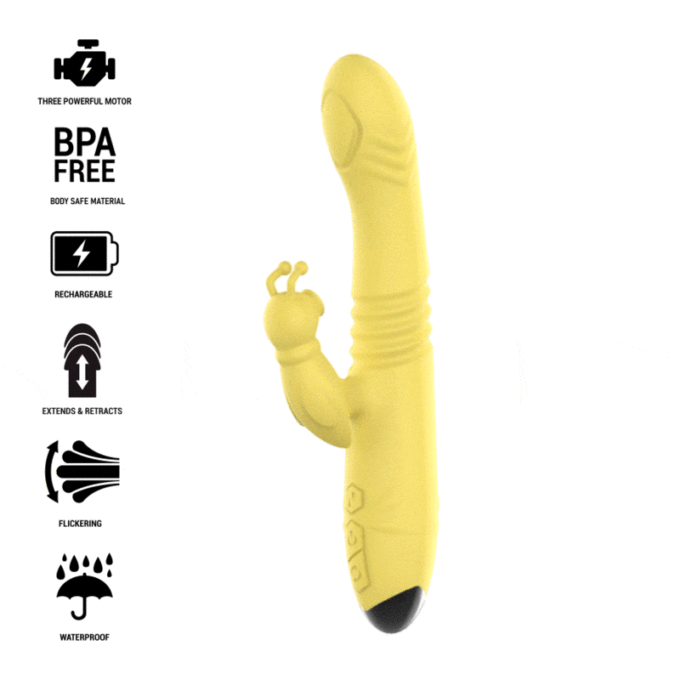 INTENSE - VIBRADOR MULTIFUNO TOKY PARA CIMA E PARA BAIXO COM ESTIMULADOR CLITÓRICO AMARELO