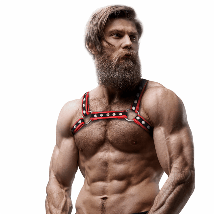 FETISH SUBMISSIVE ATTITUDE - PEITORAL DE COURO ECOLÓGICO MASCULINO BULLDOG ARNÊS PRETO/VERMELHO