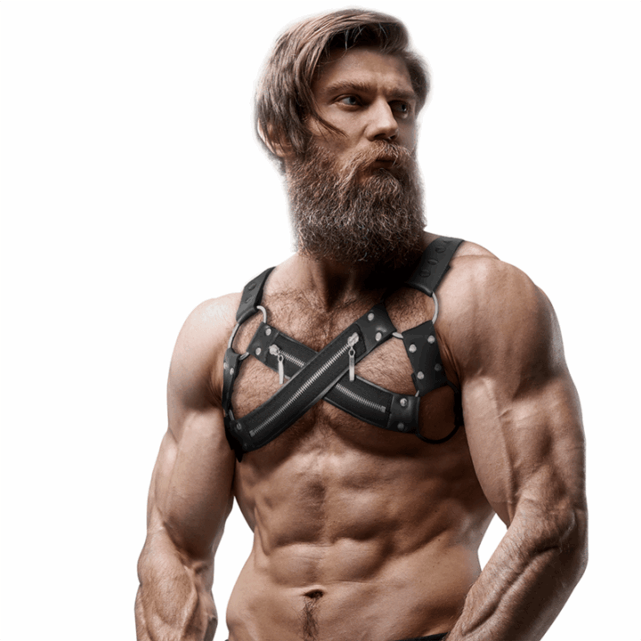 FETISH SUBMISSIVE ATTITUDE - ARNÊS DE BULLDOG DE PEITO CRUZADO DE NEOPRENE AJUSTVEL COM ZÍPERES PARA HOMENS