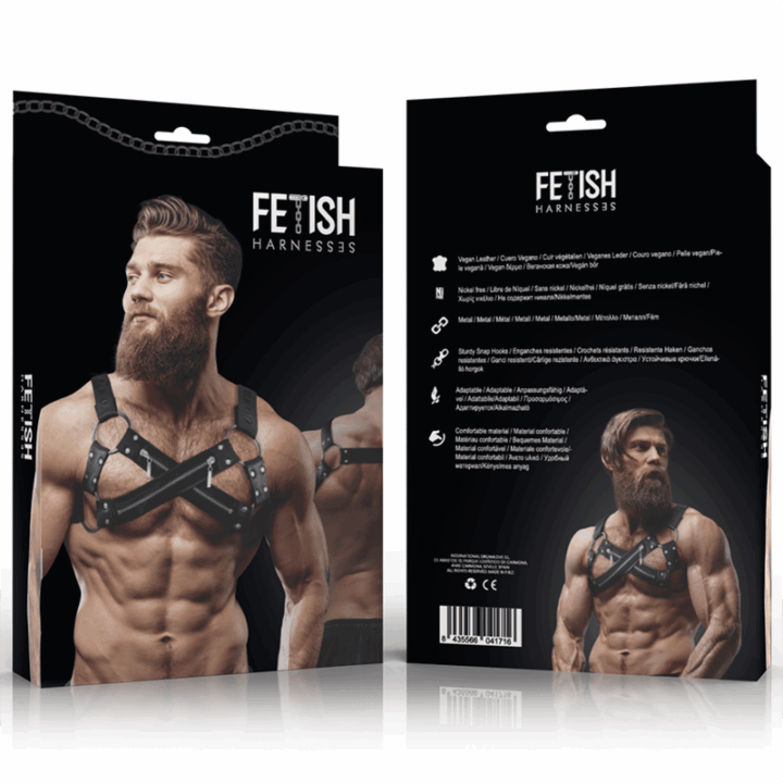 FETISH SUBMISSIVE ATTITUDE - ARNÊS DE BULLDOG DE PEITO CRUZADO DE NEOPRENE AJUSTVEL COM ZÍPERES PARA HOMENS