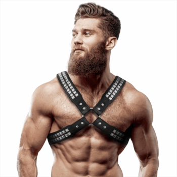 FETISH SUBMISSIVE ATTITUDE - ARNÊS DE COURO ECOLÓGICO COM PEITO CRUZADO E REBITES PARA HOMENS