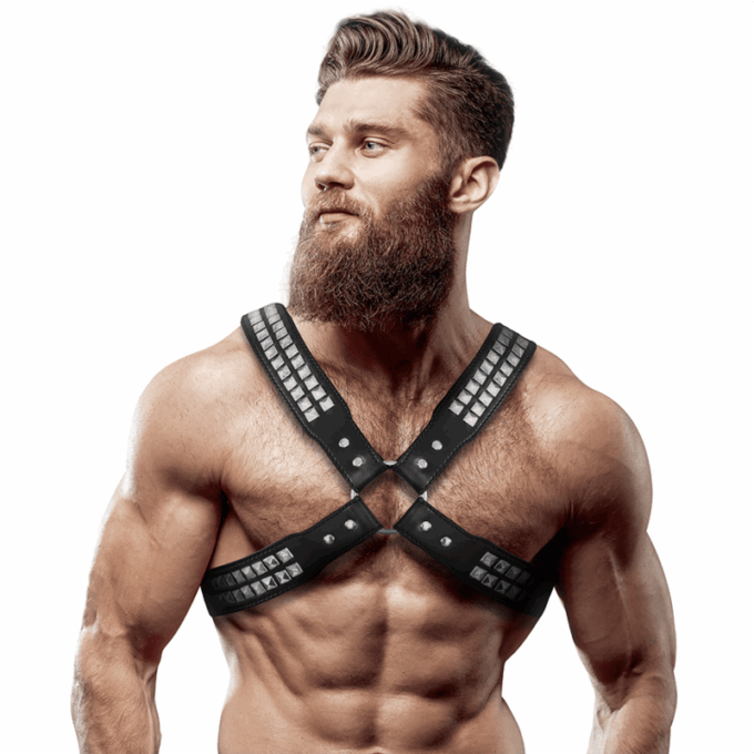 FETISH SUBMISSIVE ATTITUDE - ARNÊS DE COURO ECOLÓGICO COM PEITO CRUZADO E REBITES PARA HOMENS