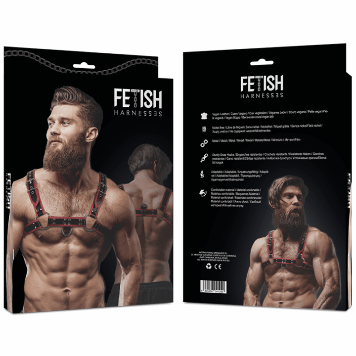 FETISH SUBMISSIVE ATTITUDE - ARNÊS DE PEITORAL DE COURO ECOLÓGICO MASCULINO PRETO/VERMELHO