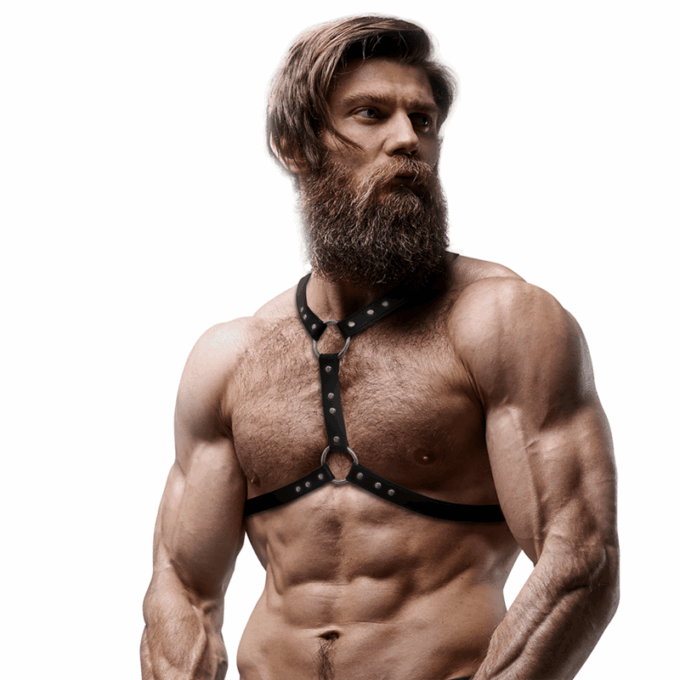 FETISH SUBMISSIVE ATTITUDE - ARNÊS DE PEITO DE COURO ECOLÓGICO COM SUPORTE DUPLO E TACHAS PARA HOMENS