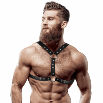 FETISH SUBMISSIVE ATTITUDE - ARNÊS DE PEITO DE COURO ECOLÓGICO COM SUPORTE DUPLO E TACHAS PARA HOMENS