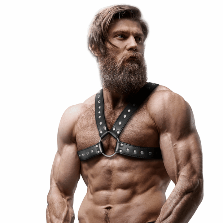 FETISH SUBMISSIVE ATTITUDE - ARNÊS DE PEITORAL DE COURO ECOLÓGICO CRUZADO PARA HOMENS COM TACHAS