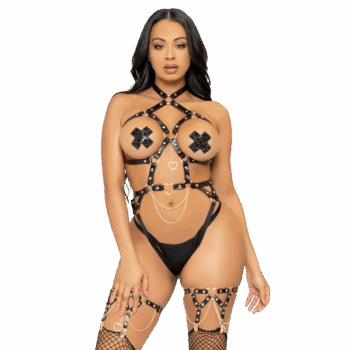 LEG AVENUE - KINK - ARNÊS DE ANEL DE CORAO TEDDY TAMANHO L - PRETO