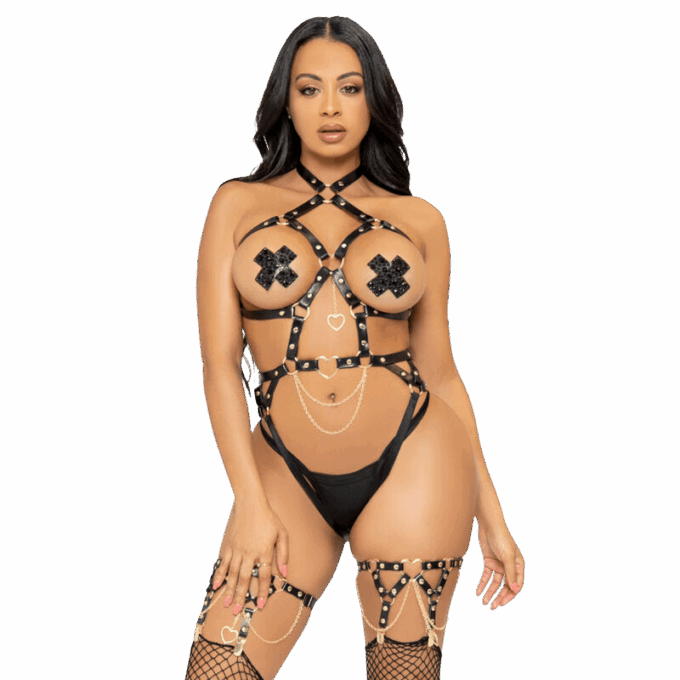 LEG AVENUE - KINK - ARNÊS DE ANEL DE CORAO TEDDY TAMANHO L - PRETO