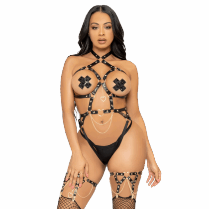 LEG AVENUE - KINK - ARNÊS DE ANEL DE CORAO TEDDY TAMANHO M - PRETO