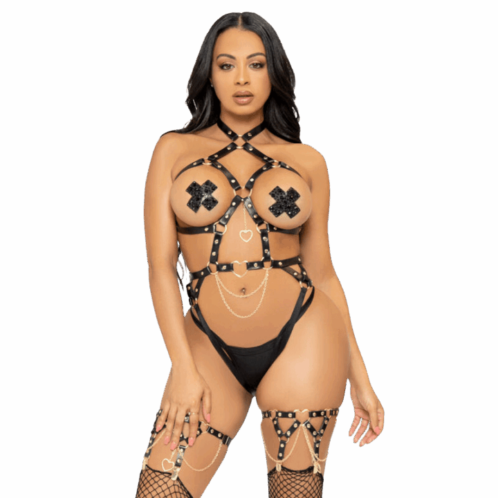 LEG AVENUE - KINK - ARNÊS DE ANEL DE CORAO TEDDY TAMANHO S - PRETO