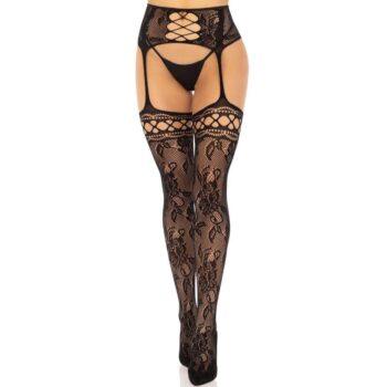 LEG AVENUE - MEIAS DE LIGA DE RENDA FLORAL PRETAS