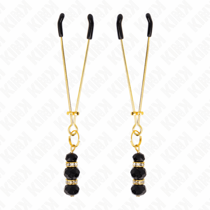 KINK - PINÇAS FINAS DOURADAS COM 3 CONTAS DE VIDRO PRETAS 7 CM