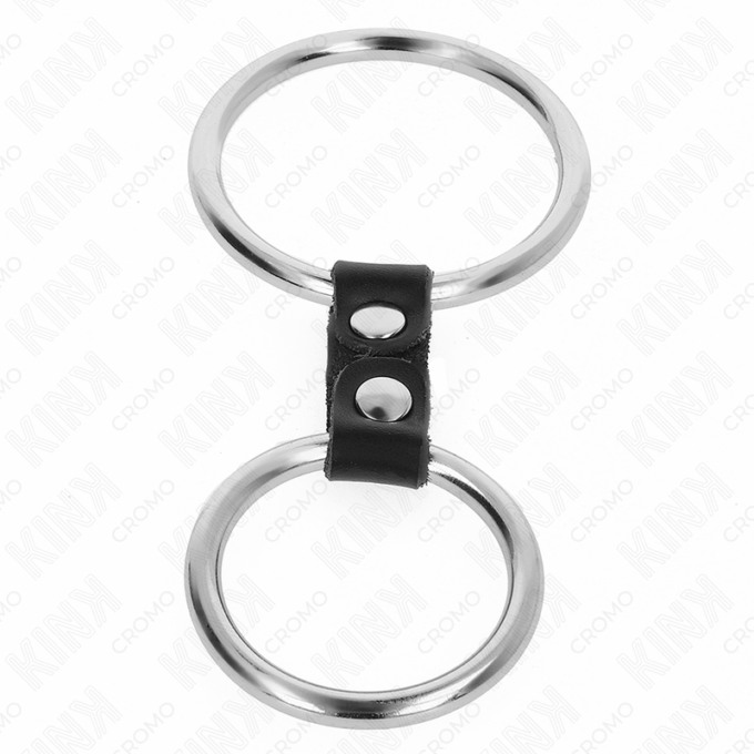 KINK - ANEL DE PÊNIS DUPLO DE METAL 3,7 CM A 5 CM CONECTADO POR TIRA DE COURO MODELO 2