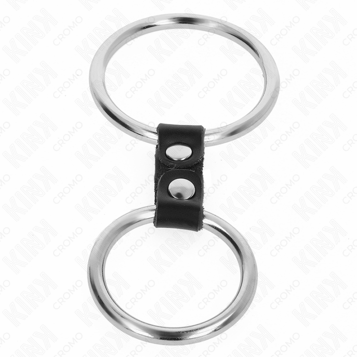 KINK - ANEL DE PÊNIS DUPLO DE METAL 3,7 CM A 5 CM CONECTADO POR TIRA DE COURO MODELO 2