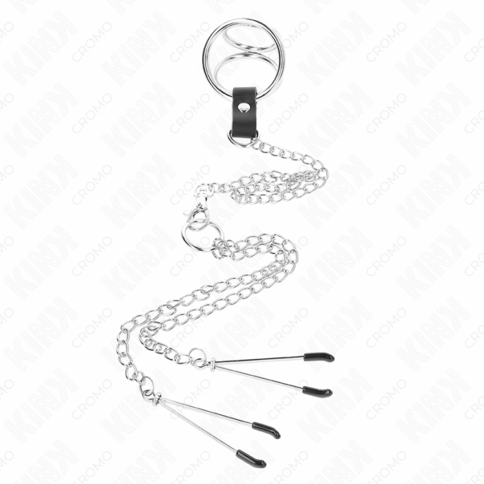 KINK - ANEL DE PÊNIS TRIPLO DE METAL CROMADO DE 3,8 CM A 5 CM COM CORRENTE DE METAL DE 26 CM E GRAMPOS DE MAMILOS MODELO 2