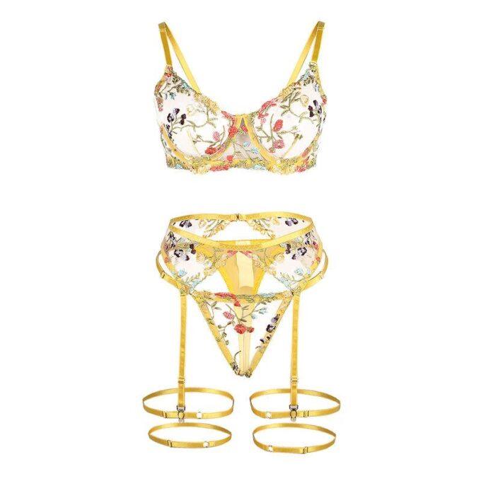 SUBBLIME - 954352 SUTIÃ + TANGA + CINTO-LIGA DESIGN FLORAL AMARELO L/XL
