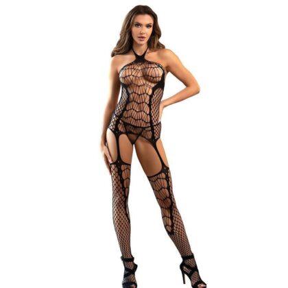 SUBBLIME - 952105 FISHNET CROTCHLESS BODYSTOCKING COM DECOTE HALTER E COSTAS ABERTAS PRETO TAMANHO ĆNICO