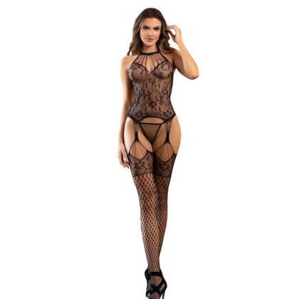 SUBBLIME - 952136 BODYSTOCKING SEM FUNDO DE REDE COM DETALHES FLORAIS E DECOTE HALTER PRETO TAMANHO ĆNICO