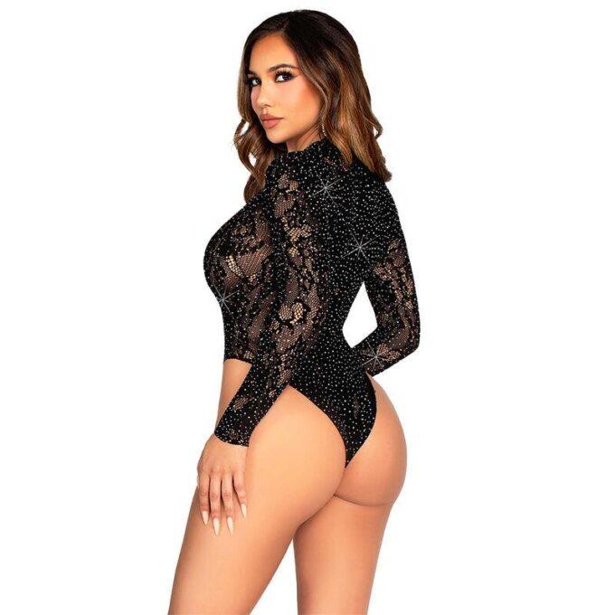 LEG AVENUE - BODY DE RENDA E MANGA COMPRIDA COM DIAMANTES PRETO TAMANHO ÚNICO