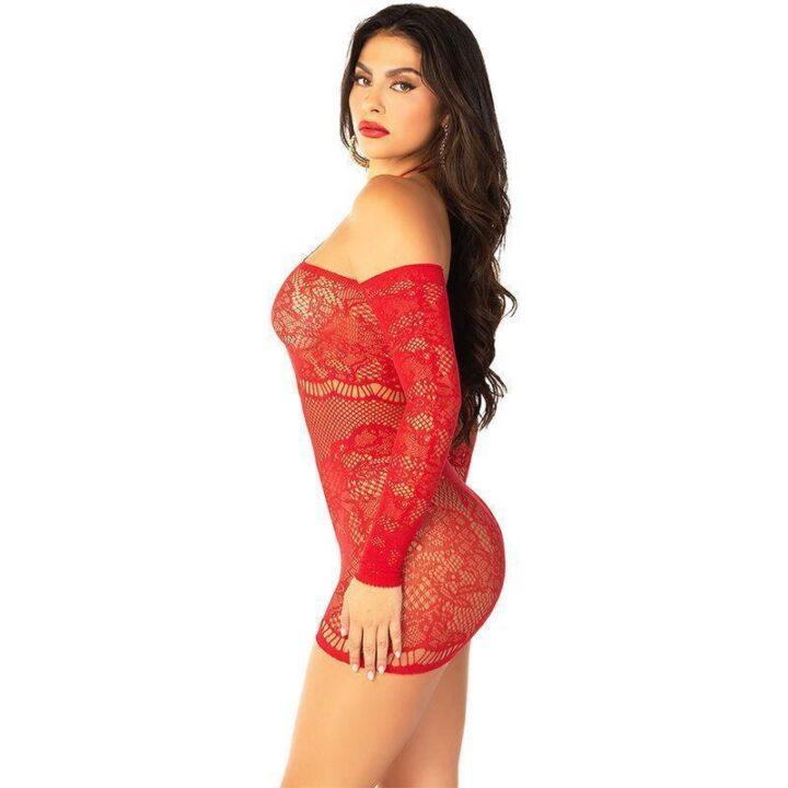 LEG AVENUE - MINI VESTIDO DE MALHA MANGA COMPRIDA OMBRO A OMBRO VERMELHO