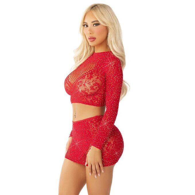 LEG AVENUE - CROPPED DE REDE BRILHANTE + MINI SAIA VERMELHO