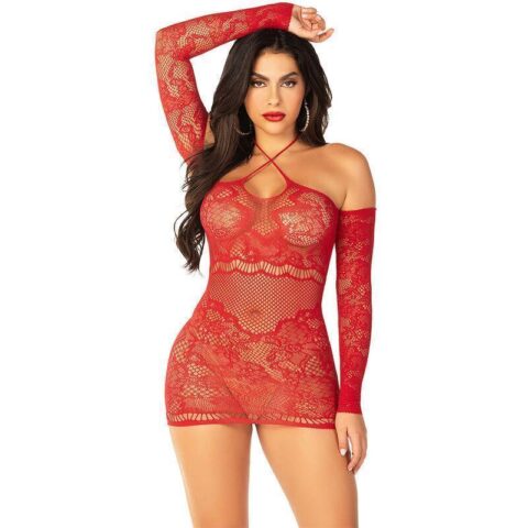 LEG AVENUE - MINI VESTIDO DE MALHA MANGA COMPRIDA OMBRO A OMBRO VERMELHO