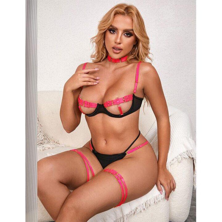 SUBBLIME - 955304 CONJUNTO DE SUTIÃ COM COLAR E DETALHES NAS PERNAS ROSA FLUORESCENTE L/XL