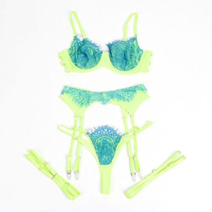 SUBBLIME - 955328 CONJUNTO DE SUTIÃ COM RENDA E LINHAS DE LIGA VERDE E AZUL L/XL