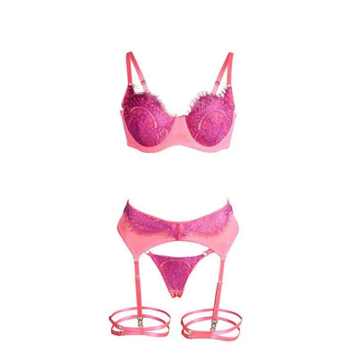 SUBBLIME - 955359 CONJUNTO DE SUTIÃ COM RENDA E LIGAS ROSA E ROXO S/M