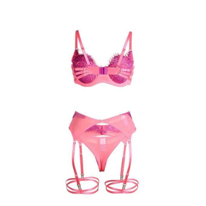 SUBBLIME - 955366 CONJUNTO DE SUTIÃ COM RENDA E LIGAS ROSA E ROXO L/XL