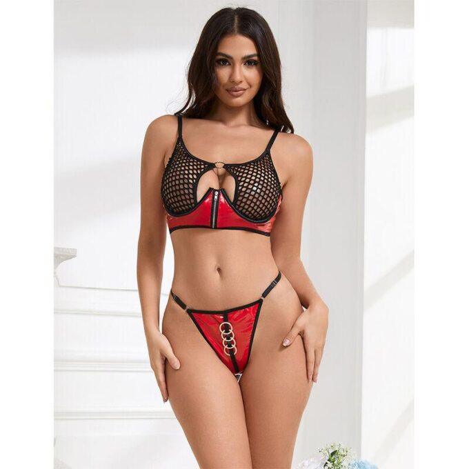 SUBBLIME - 955533 CONJUNTO DE SUTIÃ DE COURO VERMELHO COM ZÍPER DE MALHA S/M