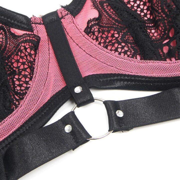 SUBBLIME - 955571 CONJUNTO DE SUTIÃ DE COURO VERDE COM ZÍPER DE MALHA ROSA P/M