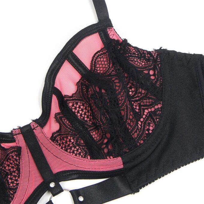 SUBBLIME - 955588 CONJUNTO DE SUTIÃ DE COURO VERDE COM ZÍPER DE MALHA ROSA L/XL