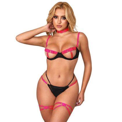 SUBBLIME - 955304 CONJUNTO DE SUTIĆ COM COLAR E DETALHES NAS PERNAS ROSA FLUORESCENTE L/XL