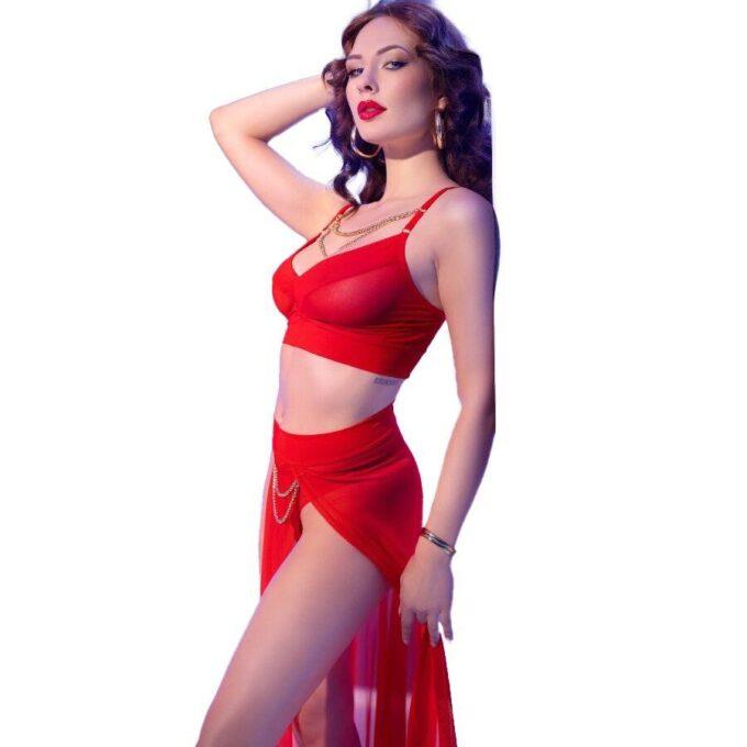 CHILIROSE - CR 4850 CONJUNTO DE TOP E LEGGING VERMELHO COM ACESSÓRIOS DOURADOS L