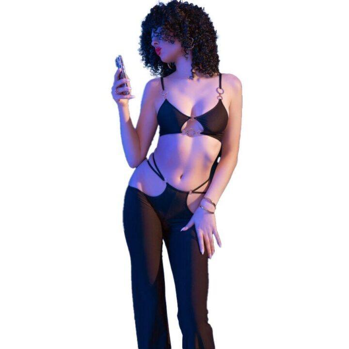 CHILIROSE - CR 4851 CONJUNTO DE TOP E LEGGING PRETO COM ACESSÓRIOS DOURADOS S