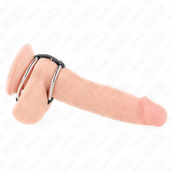 KINK - ANEL DE PÊNIS DUPLO DE METAL DE 3,8 CM A 5 CM CONECTADO COM COURO