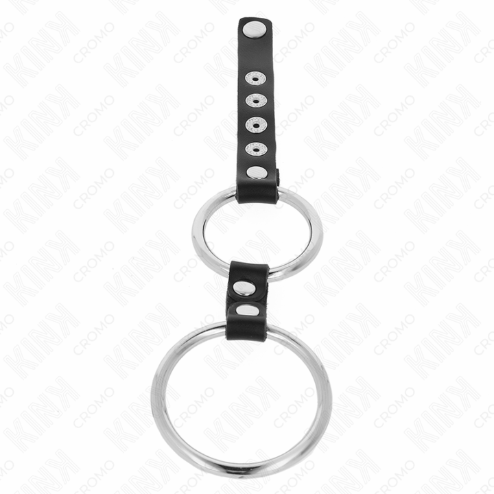 KINK - ANEL DE PÊNIS DUPLO DE METAL DE 3,8 CM A 5 CM CONECTADO COM COURO