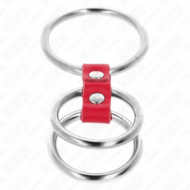 KINK - ANEL DE PÊNIS TRIPLO DE METAL DE 3,7 CM A 5 CM CONECTADO COM COURO VERMELHO