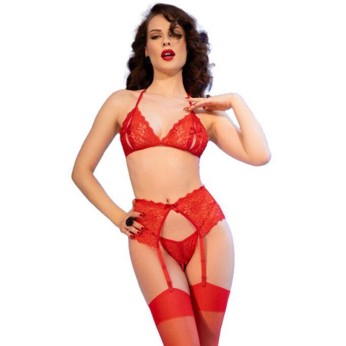CHILIROSE - CR 4848 CONJUNTO SUTIÃ DE RENDA VERMELHA + TANGA + MEIAS M