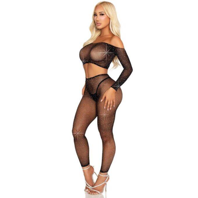 LEG AVENUE - TOP CROP E LEGGING DE REDE COM STRINHOS PRETO