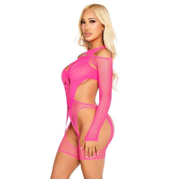LEG AVENUE - BODYSTOCKING DE REDE COM CINTA-LIGA E ARNÊS ROSA NEON