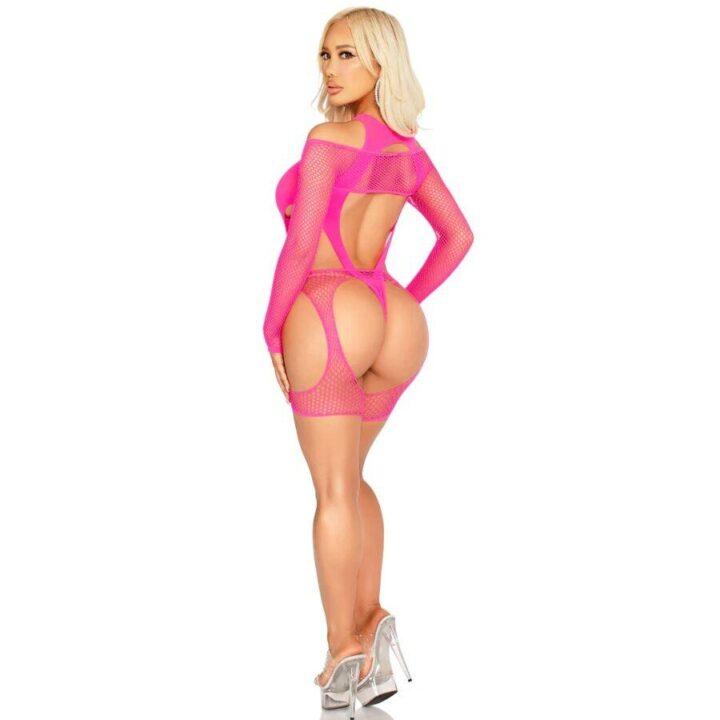 LEG AVENUE - BODYSTOCKING DE REDE COM CINTA-LIGA E ARNÊS ROSA NEON