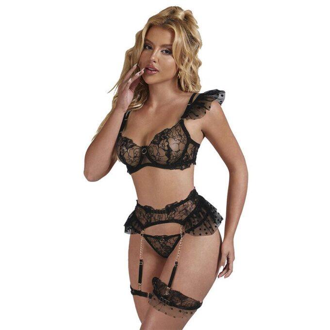 SUBBLIME - 957490 CONJUNTO DE SUTIÃ E LIGA DE RENDA PRETO L/XL