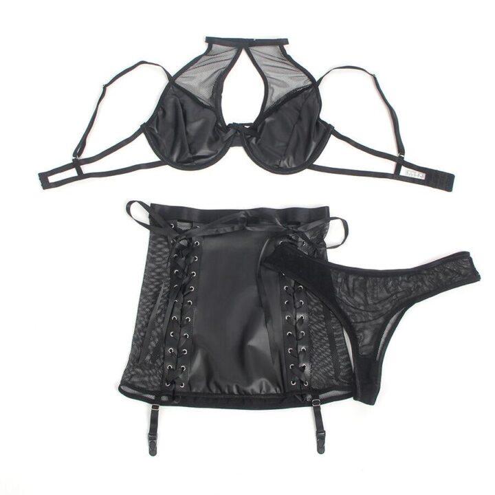 SUBBLIME - 957582 CONJUNTO DE SUTIÃ E SAIA DE COURO PRETO S/M