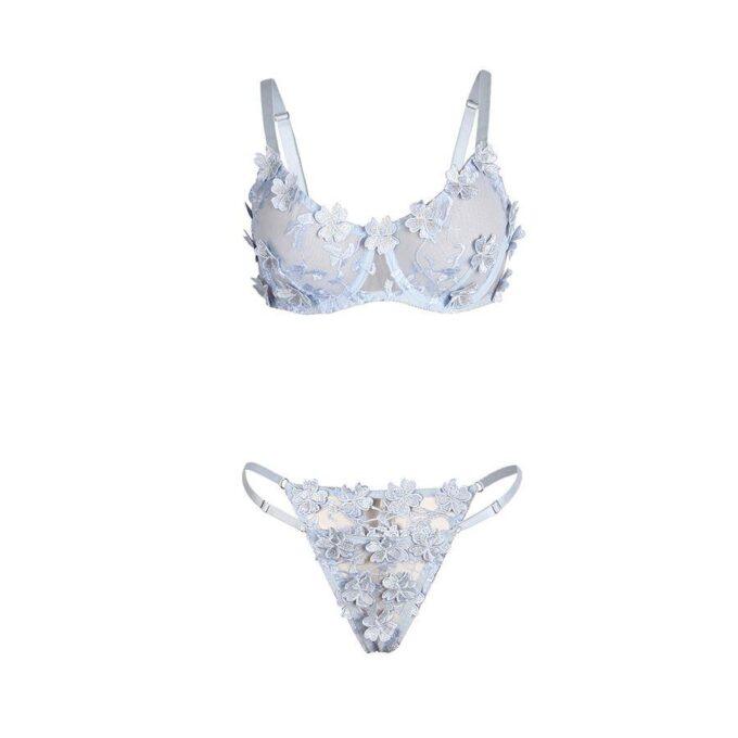 SUBBLIME - 957629 CONJUNTO DE SUTIÃ E CALCINHA BORDADOS COM FLORES AZUL CELESTE S/M